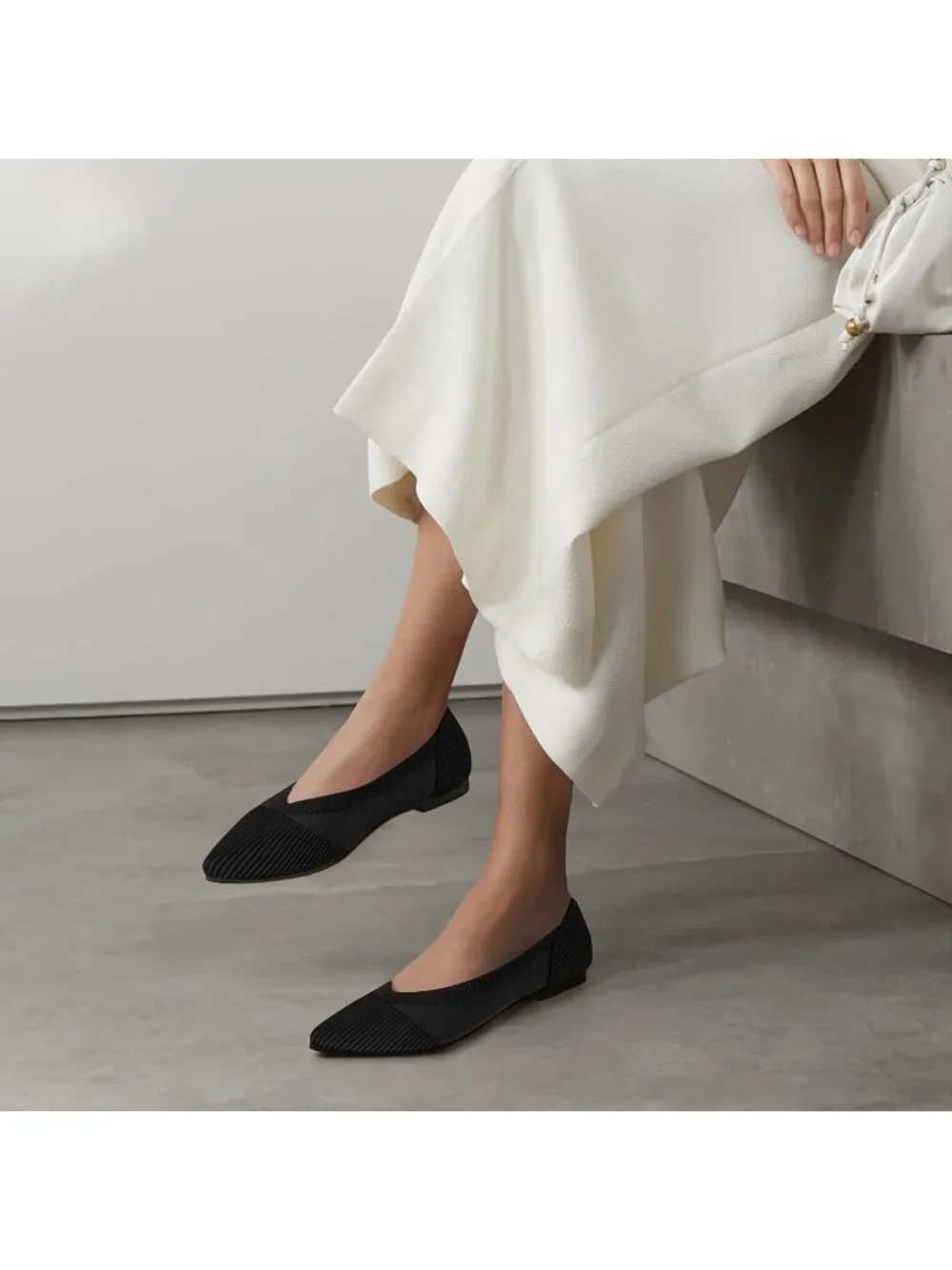 Women's Black Flats Shoes Pointed Toe Knit Ballet Comfortable Dressy Mesh Flat